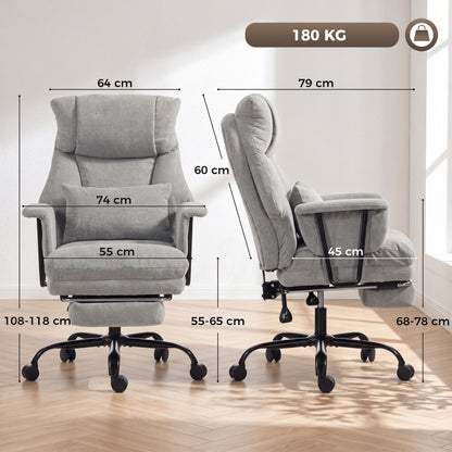 Grey Heavy-Duty Reclining Office Chair | 180 kg Capacity, 55 cm Wide Seat with Pocket Springs, Lumbar Support & Footrest | 135° Recline