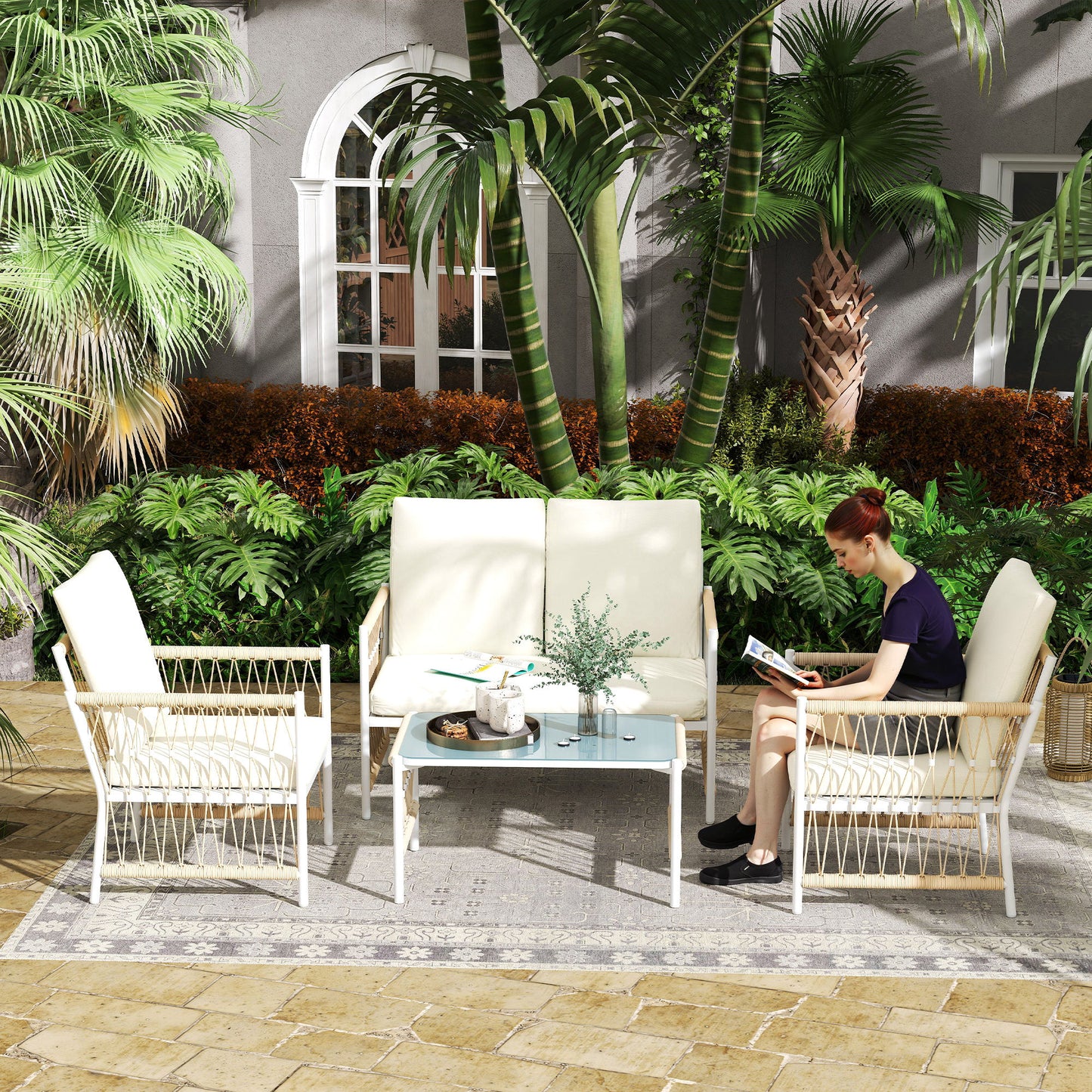 4 Piece Rattan Garden Furniture Set, 4 Seater Wicker Patio Conversation Set with 2 Armchairs, Loveseat, Glass Top Coffee Table and Cushions for Outdoor, Balcony, Khaki