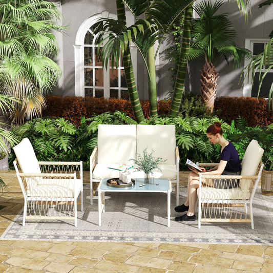 4 Piece Rattan Garden Furniture Set, 4 Seater Wicker Patio Conversation Set with 2 Armchairs, Loveseat, Glass Top Coffee Table and Cushions for Outdoor, Balcony, Khaki