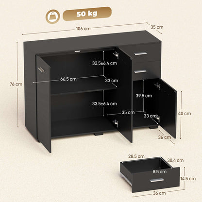 Sideboard, Modern Storage Cabinet with 2 Drawers, 3 Doors and Adjustable Shelves, Black / White