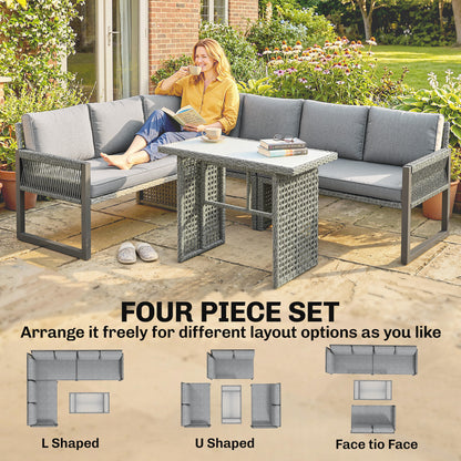 6 Seater Modular Rattan Corner Garden Furniture Set | 3 Loveseats & Dining Table | Tempered Glass | Galvanised Frame | Fade-Resistant Cushions | L-Shape or U-Shape | Grey
