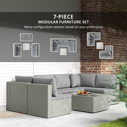 Outsunny Seven-Piece Modular Rattan Outdoor Garden Corner Furniture Set - Grey