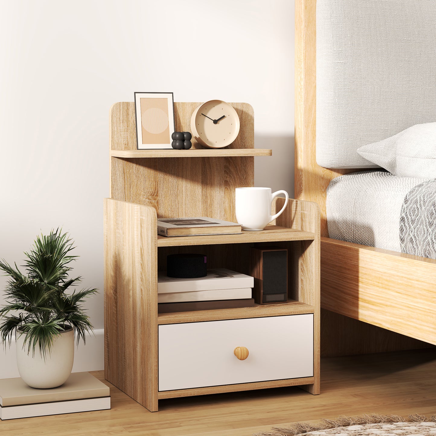 Multi-Storage Bedside Table - White/Wood-Effect