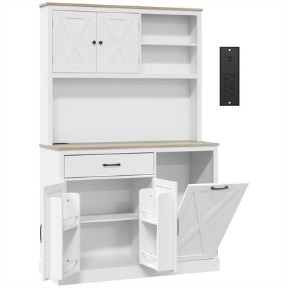 Kitchen Pantry Cabinet | 112W x 175H cm | Barn-Style Doors, Drawer, Spice Racks & Tilt-Out Bin Storage | White & Oak-Effect