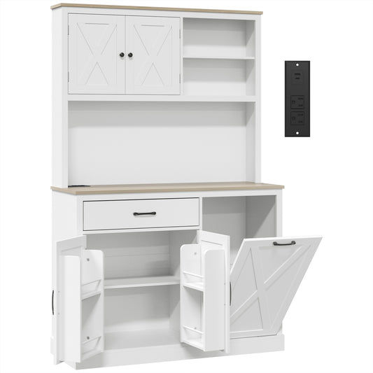 Kitchen Pantry Cabinet | 112W x 175H cm | Barn-Style Doors, Drawer, Spice Racks & Tilt-Out Bin Storage | White & Oak-Effect