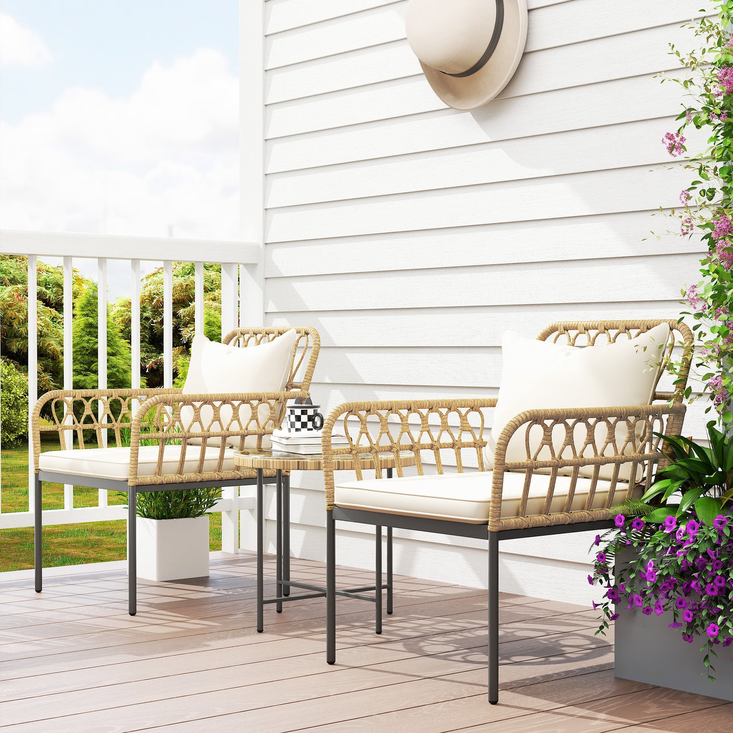 3 Piece Rattan Bistro Set, Wicker Garden Furniture Set with Cushions, Glass Top Coffee Table and Chairs for Outdoor, Patio, Balcony, Beige