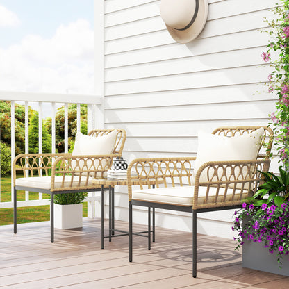 3 Piece Rattan Bistro Set, Wicker Garden Furniture Set with Cushions, Glass Top Coffee Table and Chairs for Outdoor, Patio, Balcony, Beige