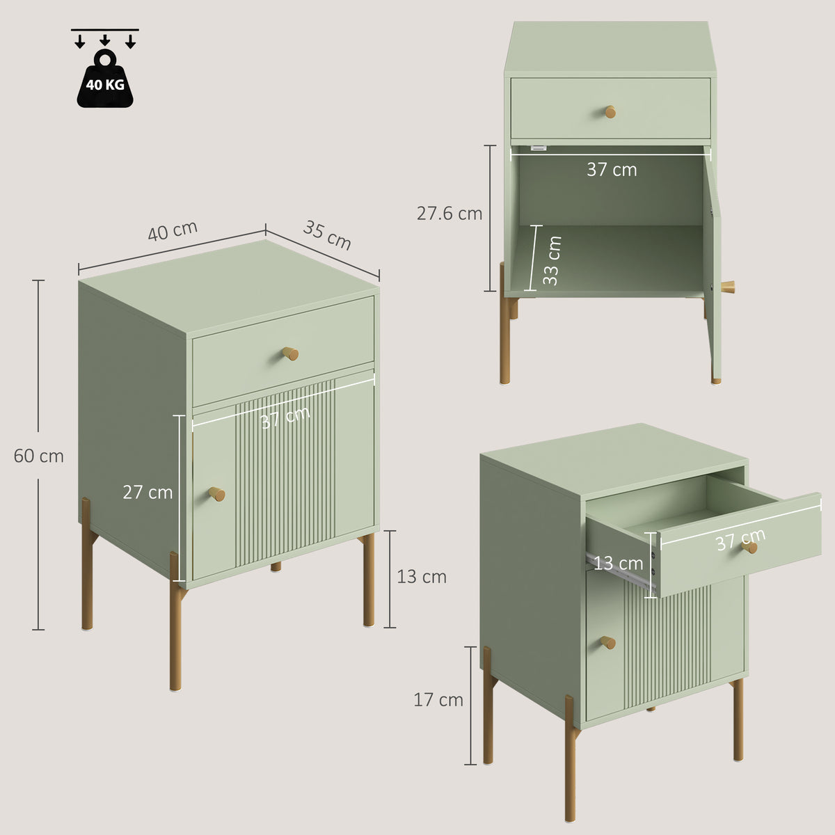 Set of 2 Modern End Tables | Light Green | Particleboard Metal Legs | 40x35x60cm Each | Drawer Cabinet & Shelf | 40kg | Melamine Surface | Metal Slide Runners | Living Room Bedroom