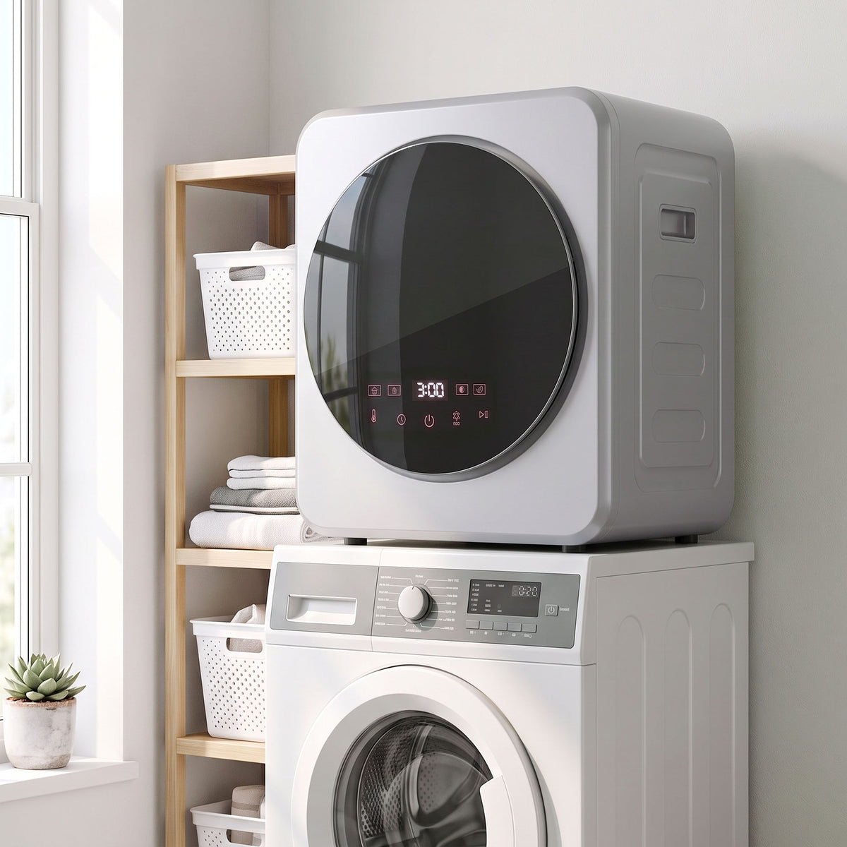 Compact Vented Tumble Dryer | Silver | 48x44x57cm | 800W | 4kg Wet 2.5kg Dry | 60°C Sterilise | Reverse Tumble | Touchscreen | Freestanding Stackable Wall-Mount | IPX4 | Auto-Stop
