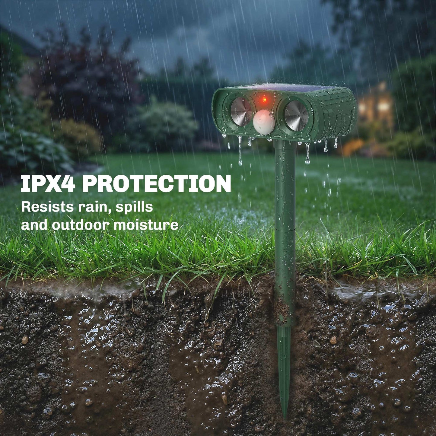 Solar Ultrasonic Animal Repeller | 110° PIR Motion Sensor | 6-8m Range | LED Flash | Ground Stake | IPX4 Weatherproof | Humane Cat Dog Rat Deterrent | 14x9.2x37cm | Green