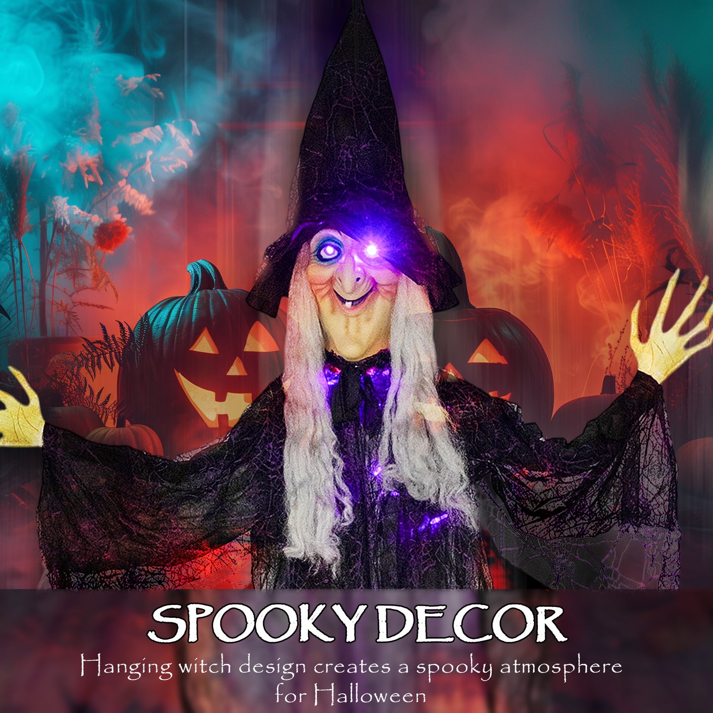 183 cm Life Size Halloween Animated Hanging Witch with Glowing LED Eyes & Body, Spooky Witch Scary Halloween Decorations, Battery Operated, Indoor Party Props