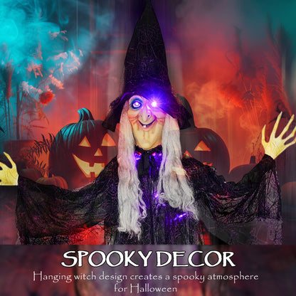 183 cm Life Size Halloween Animated Hanging Witch with Glowing LED Eyes & Body, Spooky Witch Scary Halloween Decorations, Battery Operated, Indoor Party Props