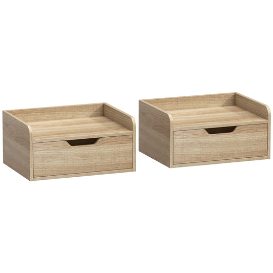Set of 2 Floating Wall-Mounted Bedside Tables | Drawer | Flat Top | 10kg | 40x30x19.5cm | Natural Wood Finish