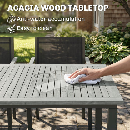 7-Piece Garden Dining Set | Slatted Acacia Wood Table | 6 Stackable Texteline Chairs | Wide Armrests | Powder-Coated Steel | Adjustable Foot Pads | 160kg Chair Capacity | 150x90x75cm | Grey