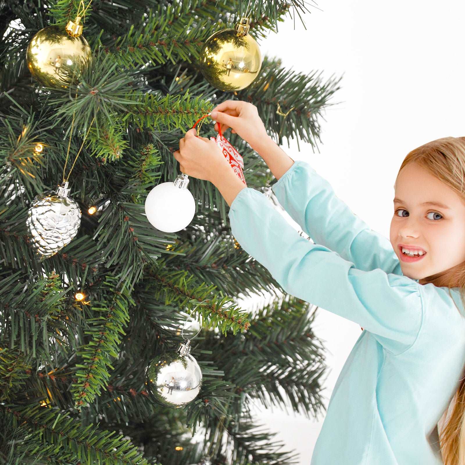 1.8m 6ft Pre Lit Christmas Tree 200 LED Holiday Décor With Decorative Balls Ornament Metal Stand