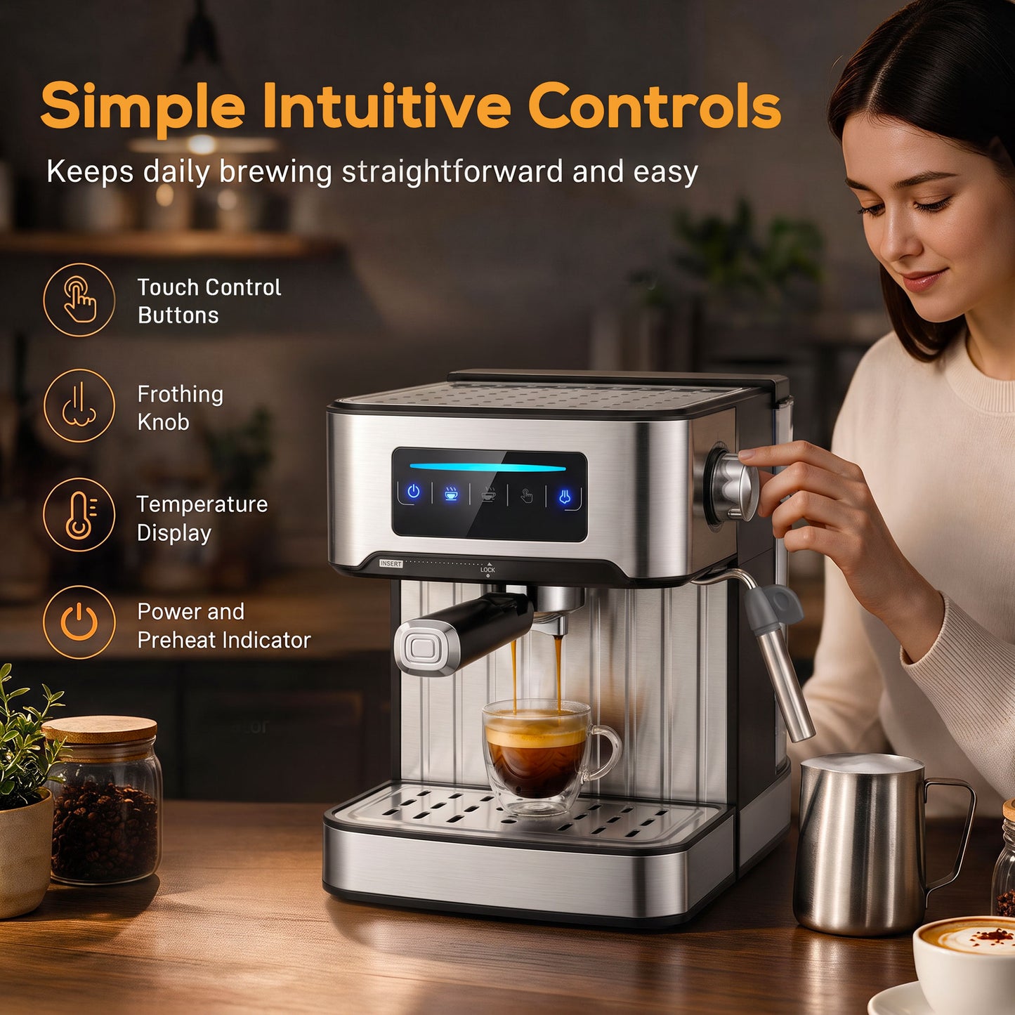 20-Bar Espresso Machine | Cappuccino Coffee Maker | Milk Frother | 1.6L Tank | LED Touch | Single & Double Shot | Black