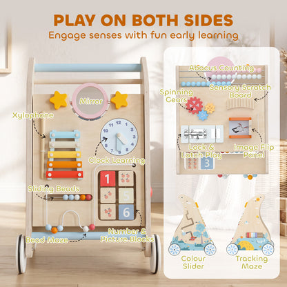 Wooden Baby Walker | Detachable Double-Sided Activity Board, Push-Along Learning Toy with Storage | 1-3 Years | Natural Finish