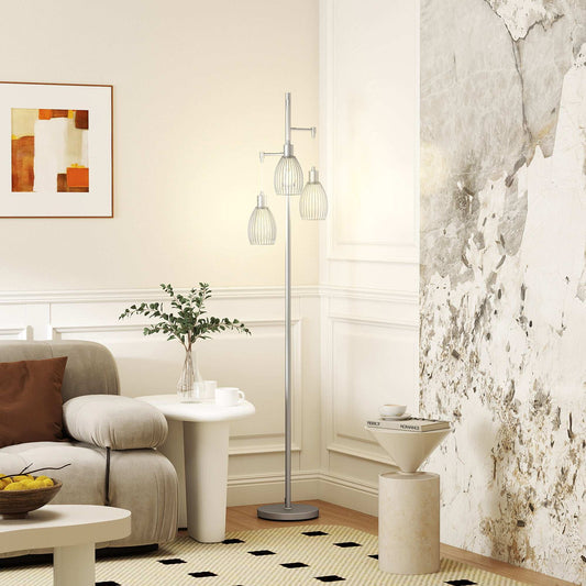 170cm Industrial 3-Light Floor Lamp, Dimmable Standing Lamp with Steel Lampshades for Living Room, Bedroom, Dinging Room, Study, Silver Tone
