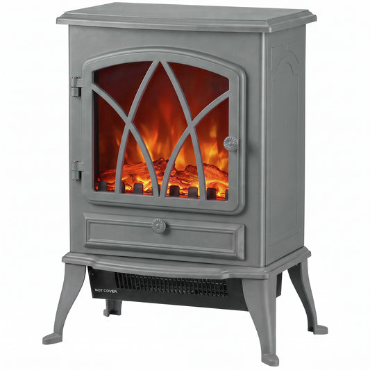 Electric Fireplace Stove | Grey Freestanding 2000W Heater with Adjustable LED Flame & Thermostat