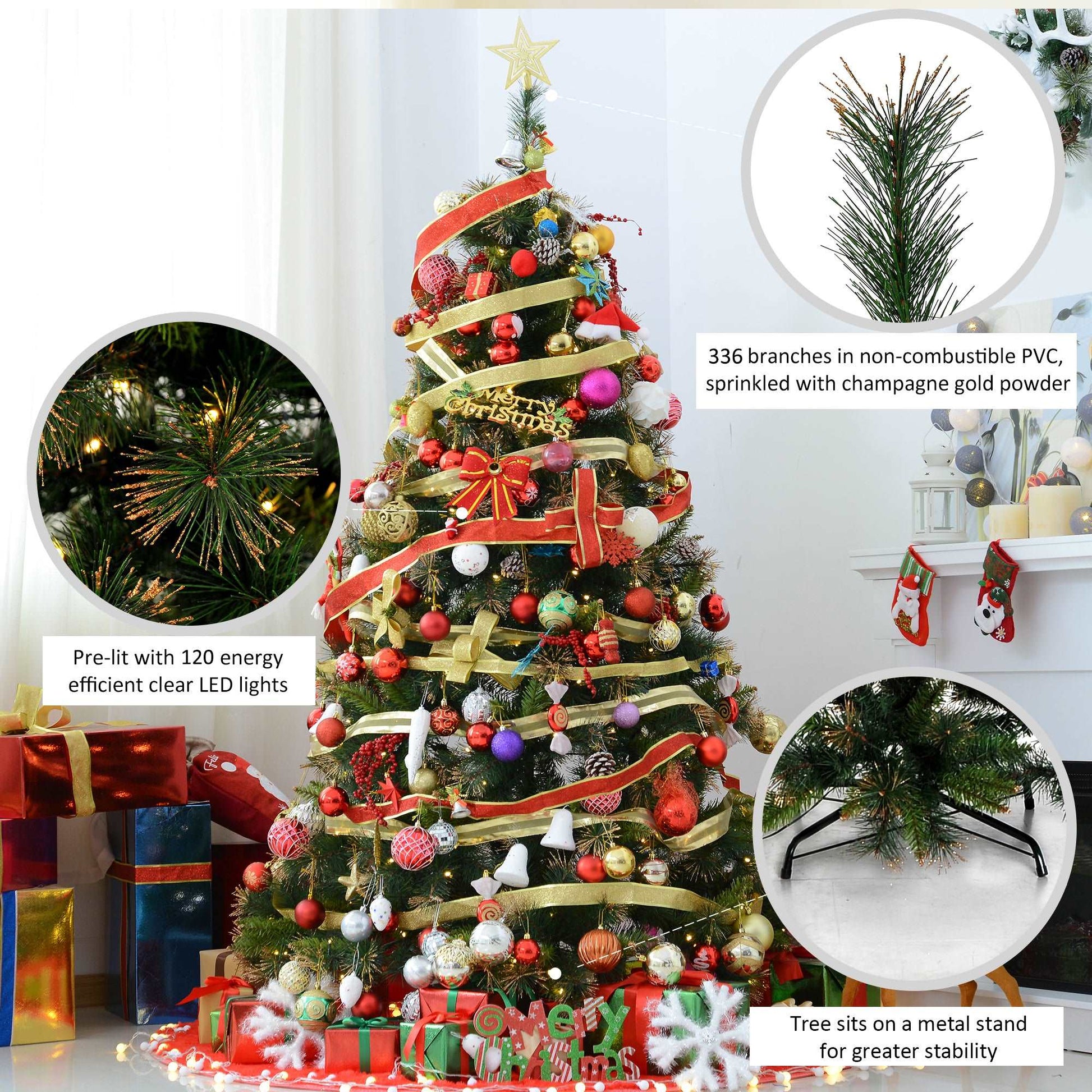 1.5m Pre Lit Christmas Artificial Tree, Metal Stand-Green