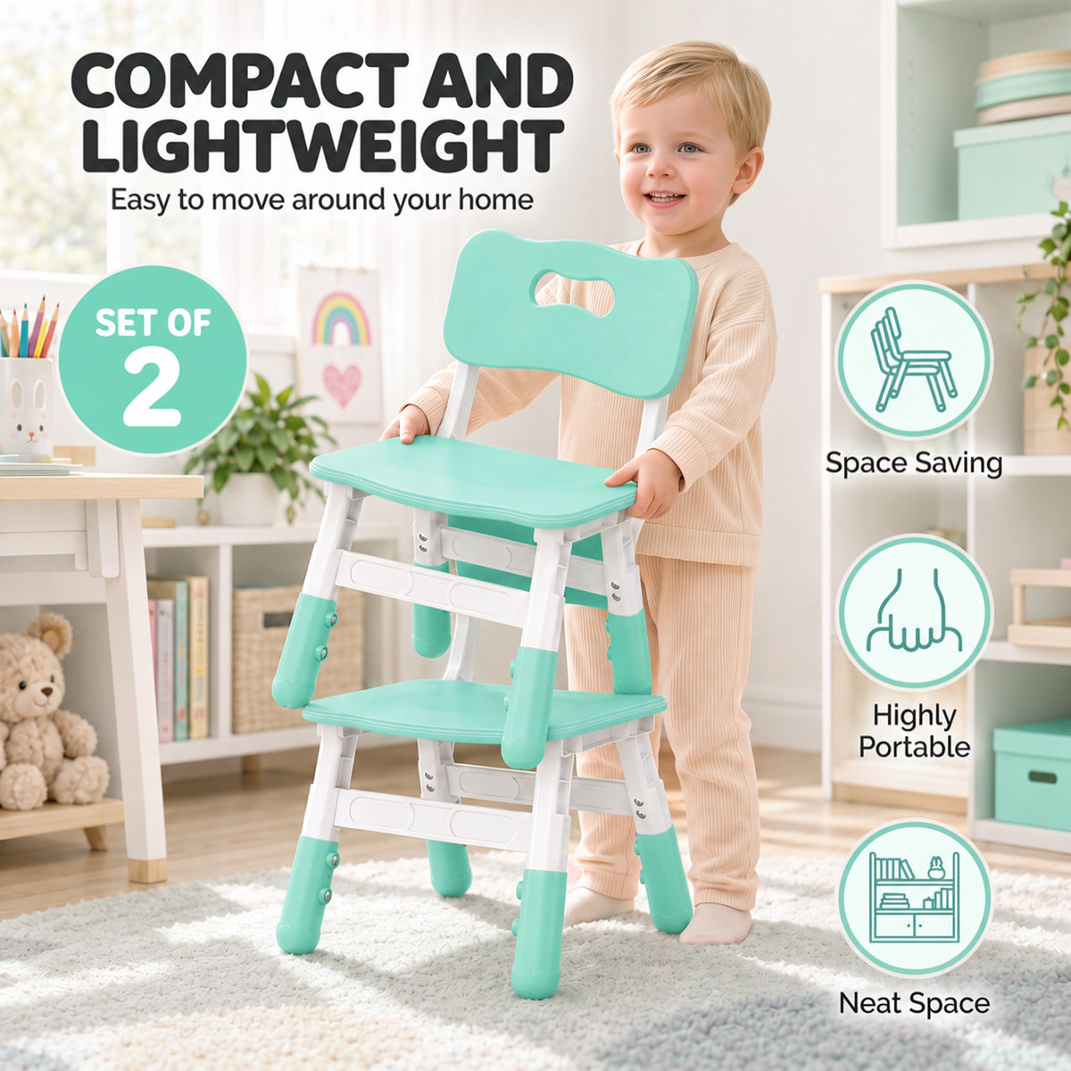 AIYAPLAY Kids Desk Chairs Set of 2 | Green & White | 3-Level Adjustable Seat Height 26–30cm | Backrests & PP Construction | Ages 18 Months–8 Years