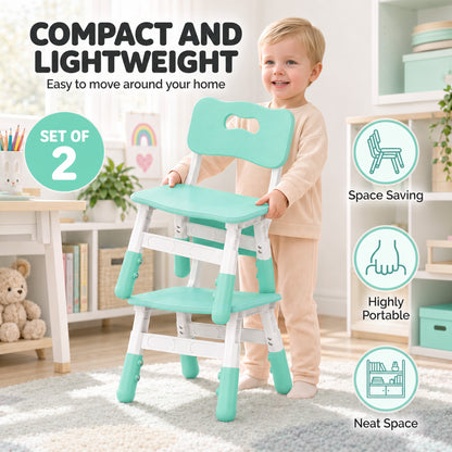 AIYAPLAY Kids Desk Chairs Set of 2 | Green & White | 3-Level Adjustable Seat Height 26–30cm | Backrests & PP Construction | Ages 18 Months–8 Years