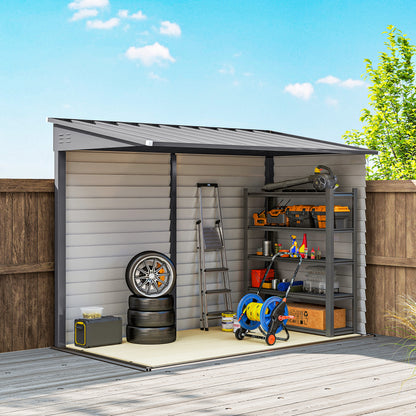 5 x 9ft Galvanised Metal Garden Shed with Foundation Kit, Outdoor Lean-to Shed, Tool Storage House with Lockable Doors, Grey