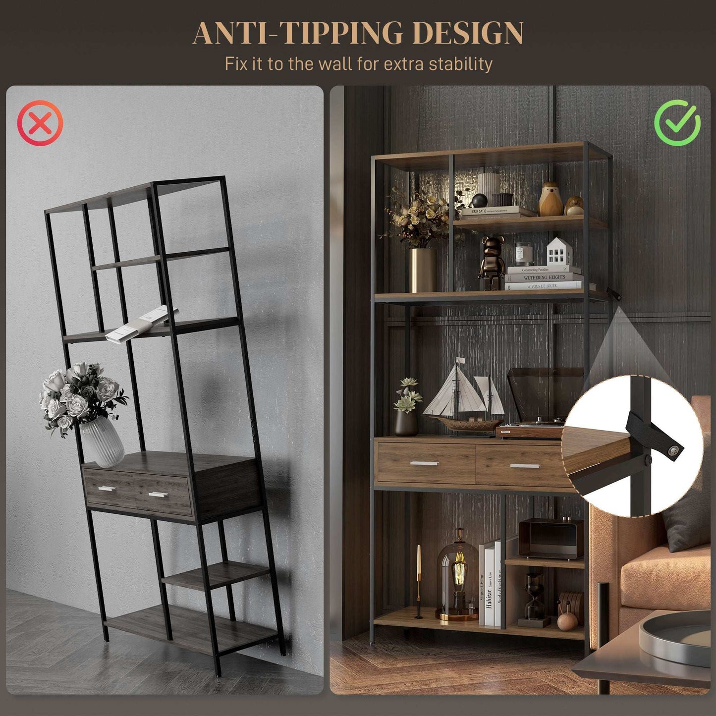 Retro Style  Seven-Shelf Industrial Display Shelf, with Drawers - Brown/Black