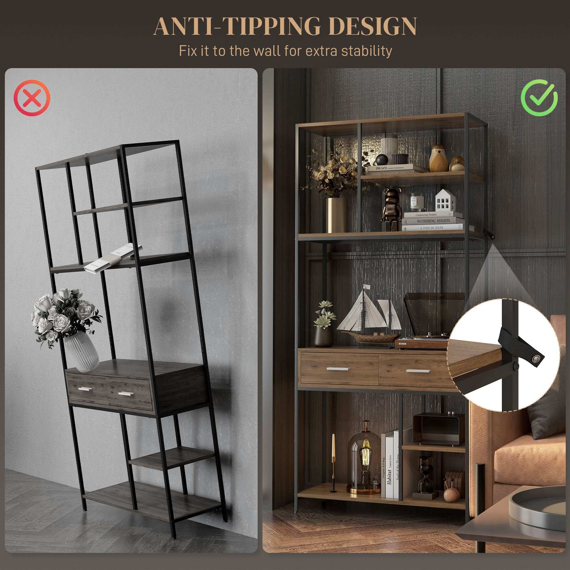 Retro Style  Seven-Shelf Industrial Display Shelf, with Drawers - Brown/Black