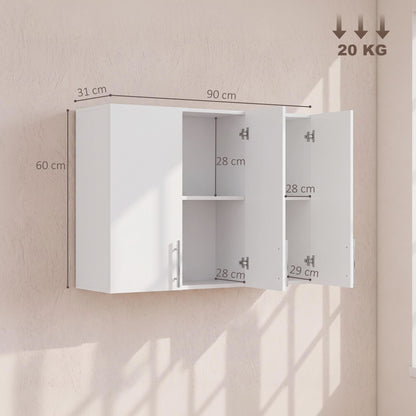 Wall-Mounted Cabinet | White MDF | 90x31x60cm | 3 Doors | Large & Small Cabinet | Adjustable Shelf 6.4cm Steps | Soft-Close Hinges | 20kg | Bathroom Kitchen Living Room