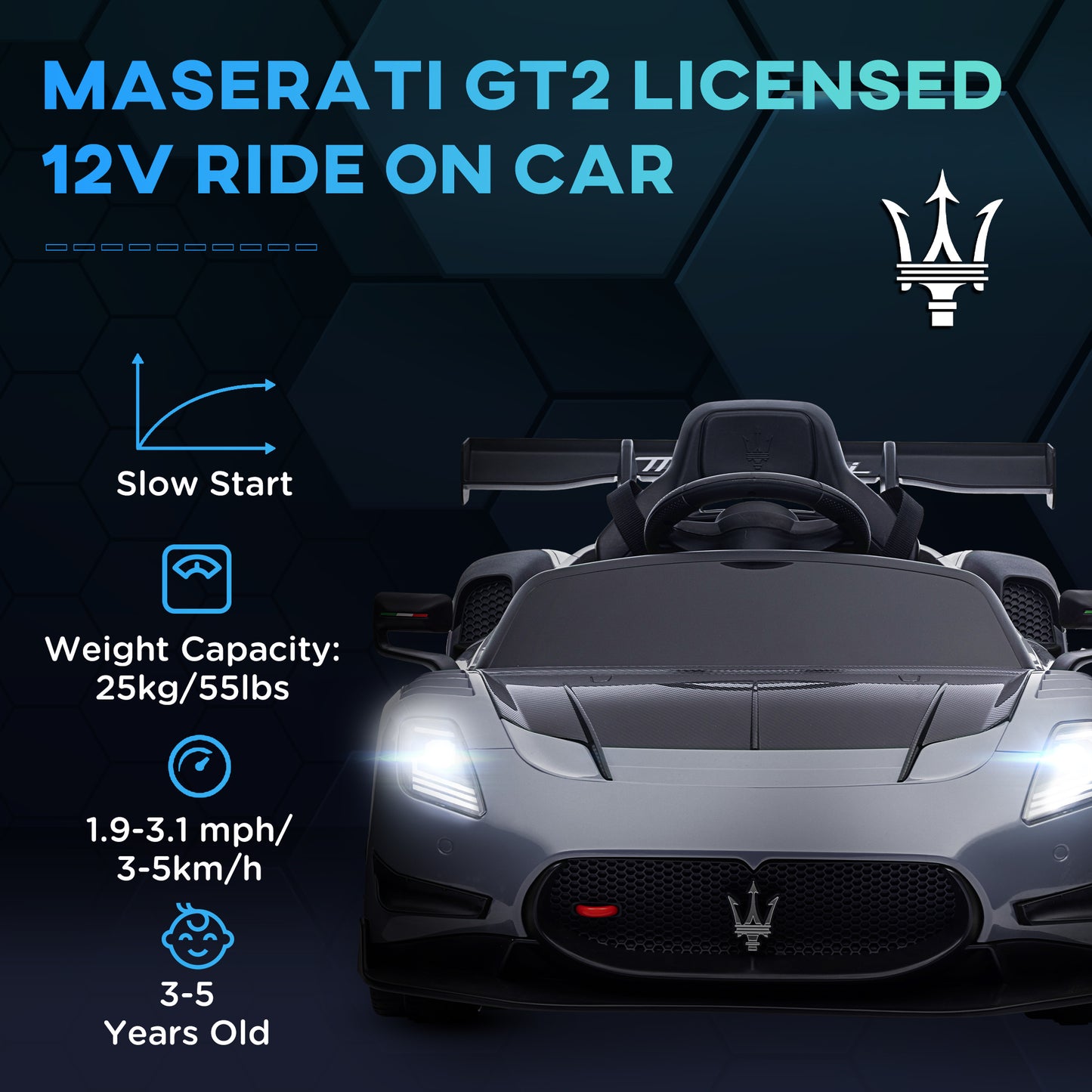 AIYAPLAY Maserati GT2 Licensed 12V Kids Electric Ride on Car with 4 Suspension, Remote Control Music Horn Lights - Grey - White - Pink