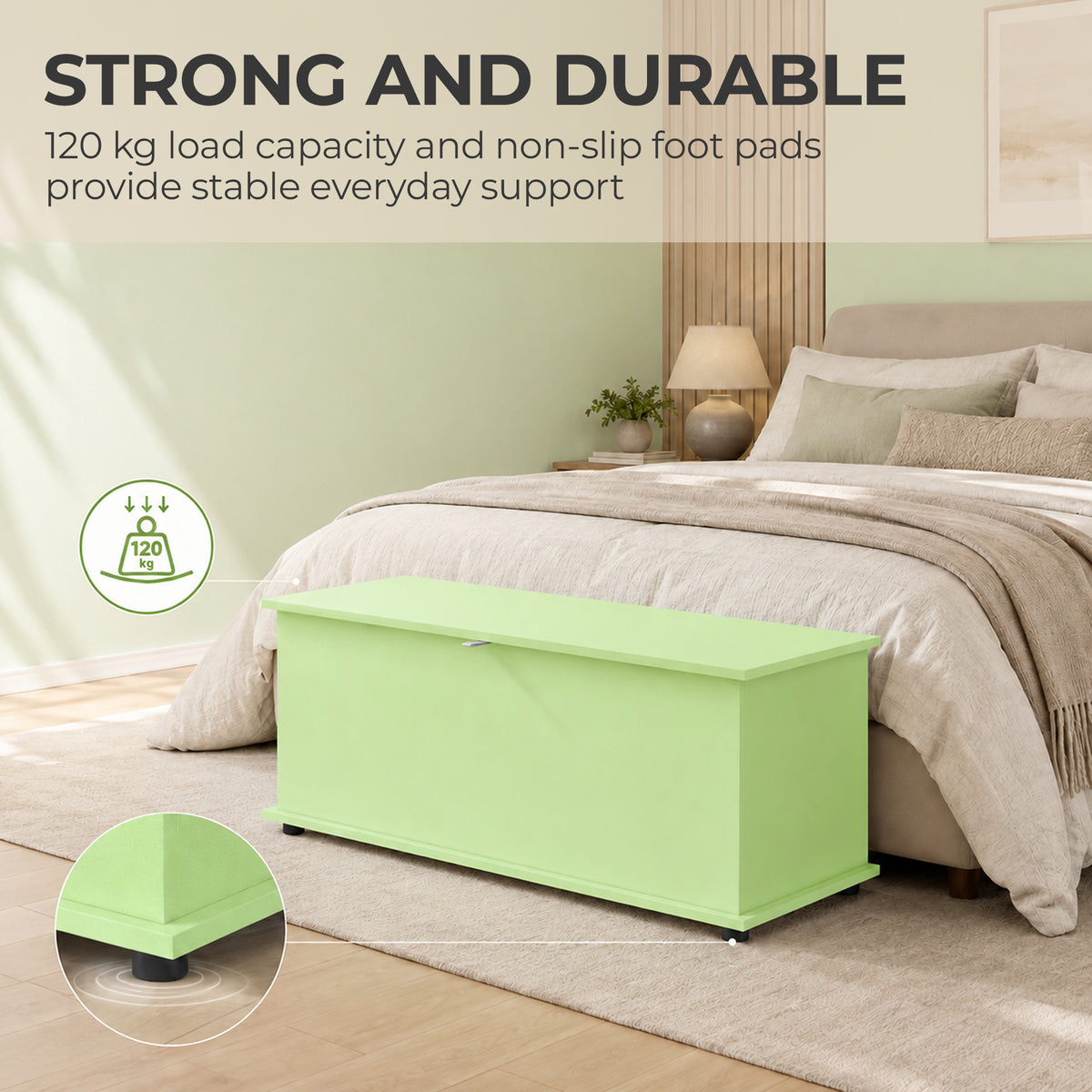 114L Green Storage Chest Bench | Wooden Blanket Box | Safety Hinge | 120kg Seat Capacity | Bedroom, Hallway & Living Room