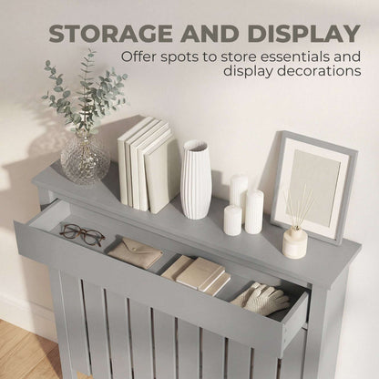MDF & Particle Board Radiator Cover with 1 Drawer | Vertical Slats | Flat Top Display Surface | Wall Mountable | Pre-Cut Outs | 14kg Capacity | 88.5x19x93cm | Grey