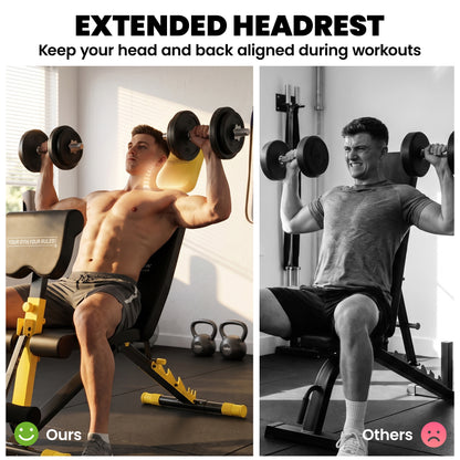 Adjustable Weight Bench | 300kg Capacity | 7 Backrest Positions | Preacher Curl | Leg Extension | Foldable | Home Gym | Yellow