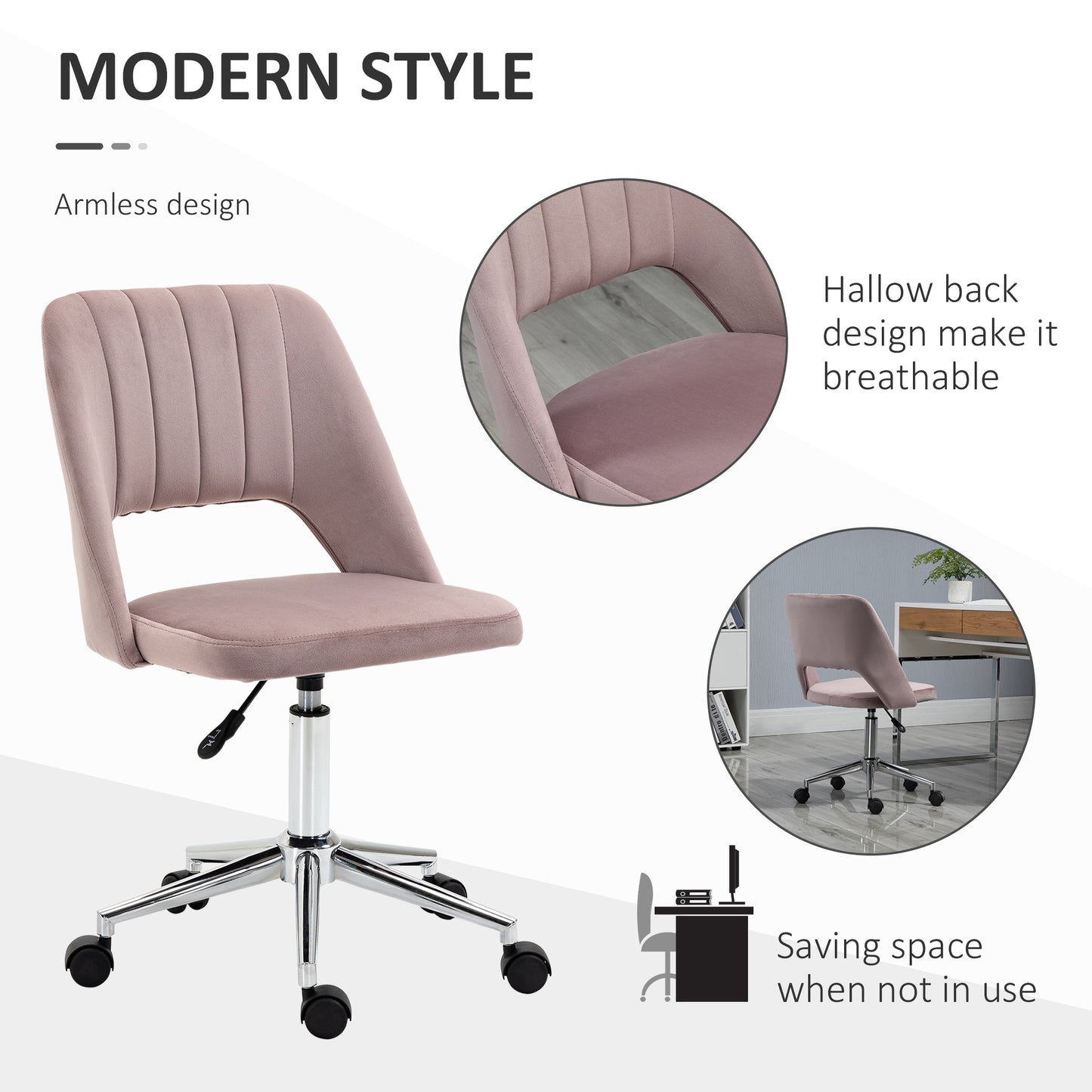 Armless Velvet-Feel Office Chair | Sponge Padded Seat & Back | 360° Swivel | 5 Wheels | Height Adjustable 46-58cm | 120kg | Bedroom Home Office Study | Pink