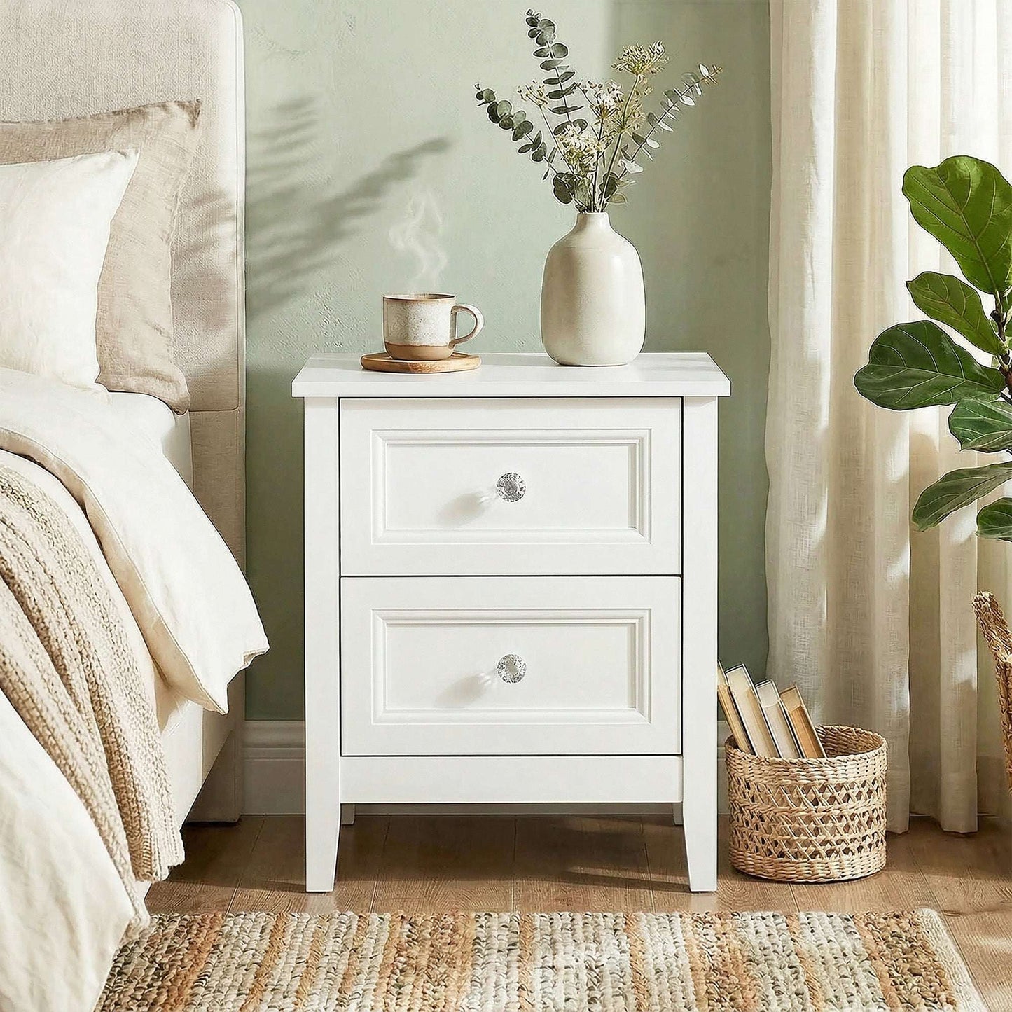 2-Drawer Bedside Table Nightstand | Crystal-Like Handles | Smooth Metal Rails | MDF | 30kg Total 10kg Top 10kg Per Drawer | 45x35x50cm | White