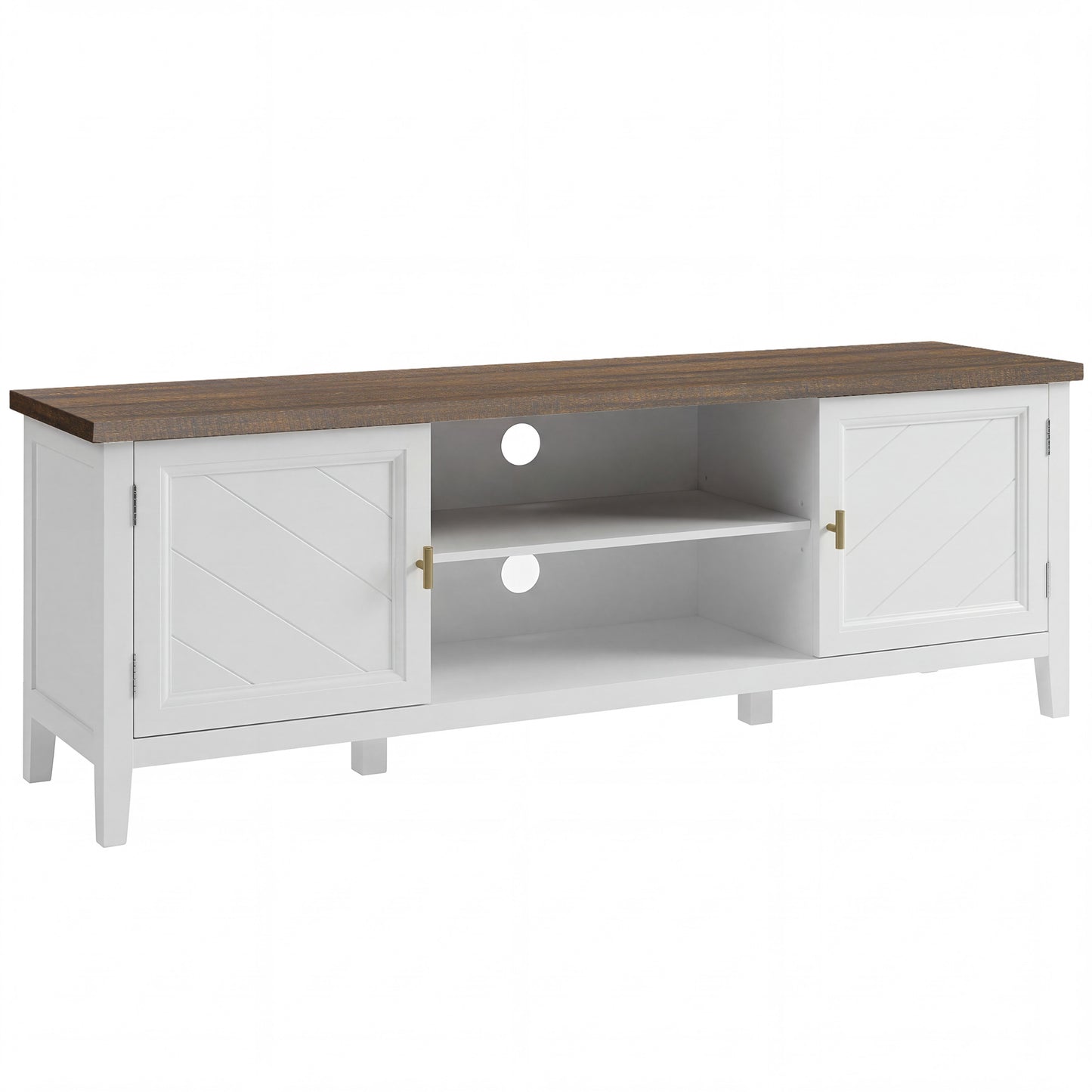 Farmhouse TV Stand | 140cm | Up to 42" TV | 2 Cabinets | 2 Open Shelves | Gold T-Bar Handles | Cable Holes | 50kg | White