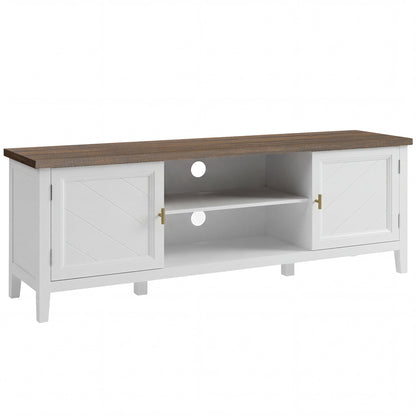 Farmhouse TV Stand | 140cm | Up to 42" TV | 2 Cabinets | 2 Open Shelves | Gold T-Bar Handles | Cable Holes | 50kg | White