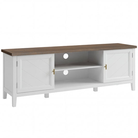 Farmhouse TV Stand | 140cm | Up to 42" TV | 2 Cabinets | 2 Open Shelves | Gold T-Bar Handles | Cable Holes | 50kg | White