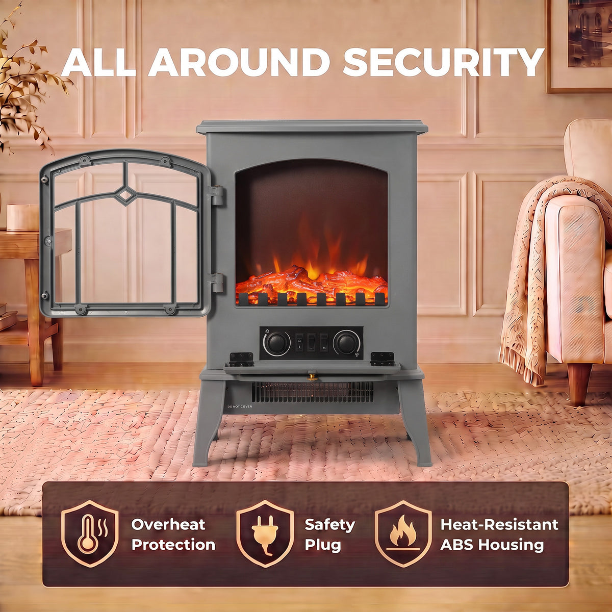 Grey Electric Fireplace Stove | 1000W/2000W Freestanding Heater | Dimmable LED Log Flame | 10–35°C Thermostat | Gold-Tone Handle