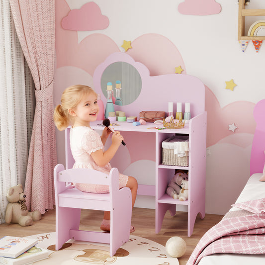 AIYAPLAY Kids Dressing Table with Mirror, Stool, Kids Vanity Table with Shelves, for Ages 3-8 Years, Purple