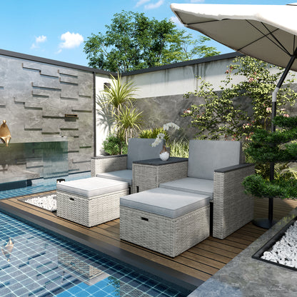 5 Piece Rattan Garden Furniture Set, Nesting Outdoor Conversation Set with 2 Footstools, WPC Storage Coffee Table and Cushions