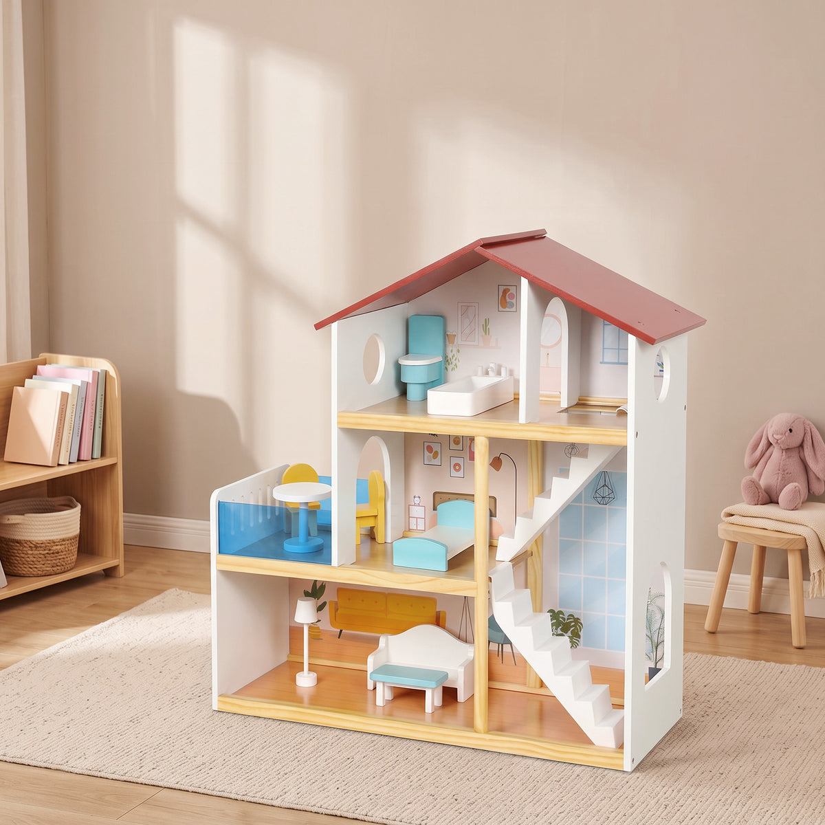 AIYAPLAY Wooden Dolls House | 3 Storeys & 5 Play Areas | 11 Movable Accessories | Balcony & Stairs | 66cm Tall | White | Ages 3+