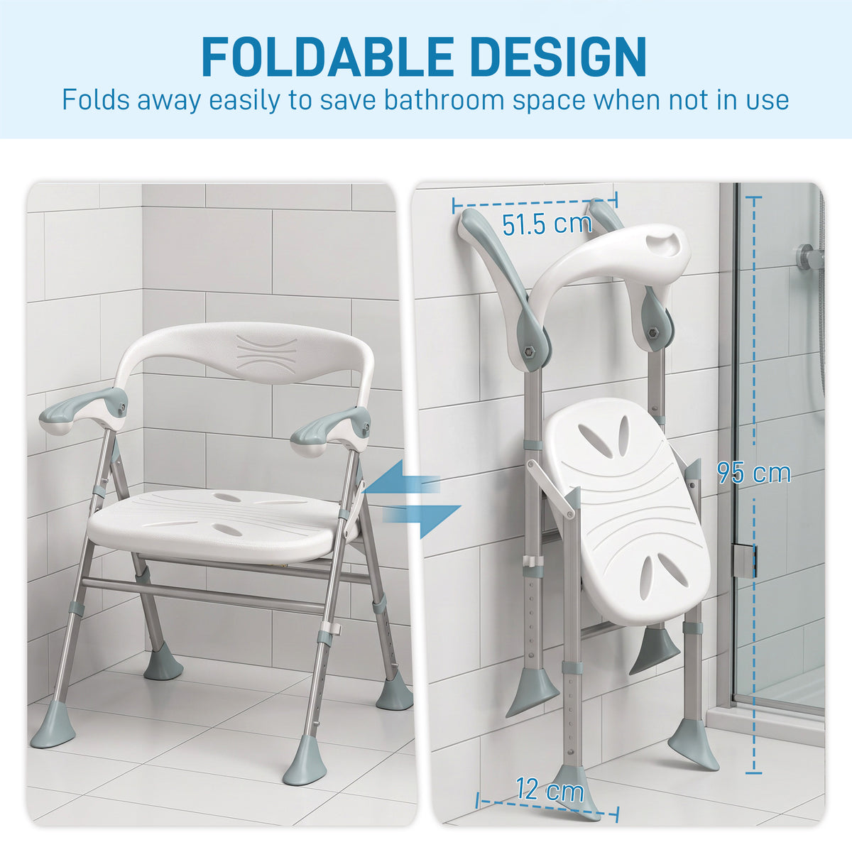 Foldable Shower Chair | Adjustable Height Bathroom Seat with Flip-Up Armrests, 136 kg Capacity | White & Light Green