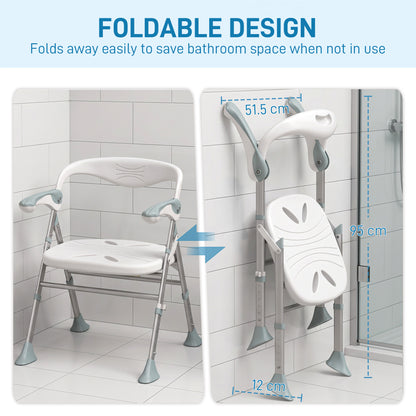 Foldable Shower Chair | Adjustable Height Bathroom Seat with Flip-Up Armrests, 136 kg Capacity | White & Light Green
