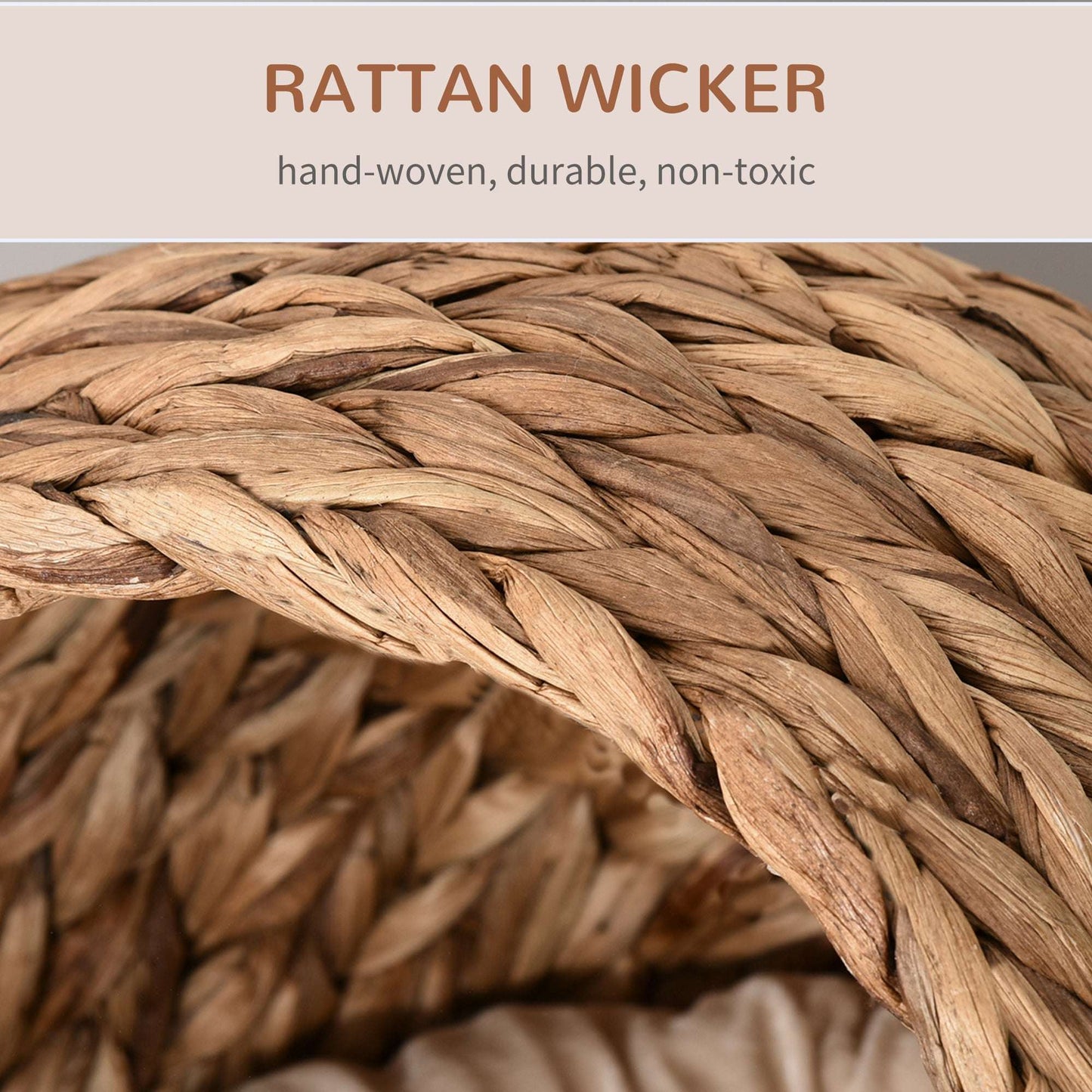 Woven Water Hyacinth Elevated Cat Bed | Wicker Dome Cave | Soft Removable Washable Cushion | Hand-Woven | Metal Wire Frame | Elevated Pod Design | 50x42x60cm | Brown