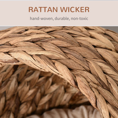 Woven Water Hyacinth Elevated Cat Bed | Wicker Dome Cave | Soft Removable Washable Cushion | Hand-Woven | Metal Wire Frame | Elevated Pod Design | 50x42x60cm | Brown