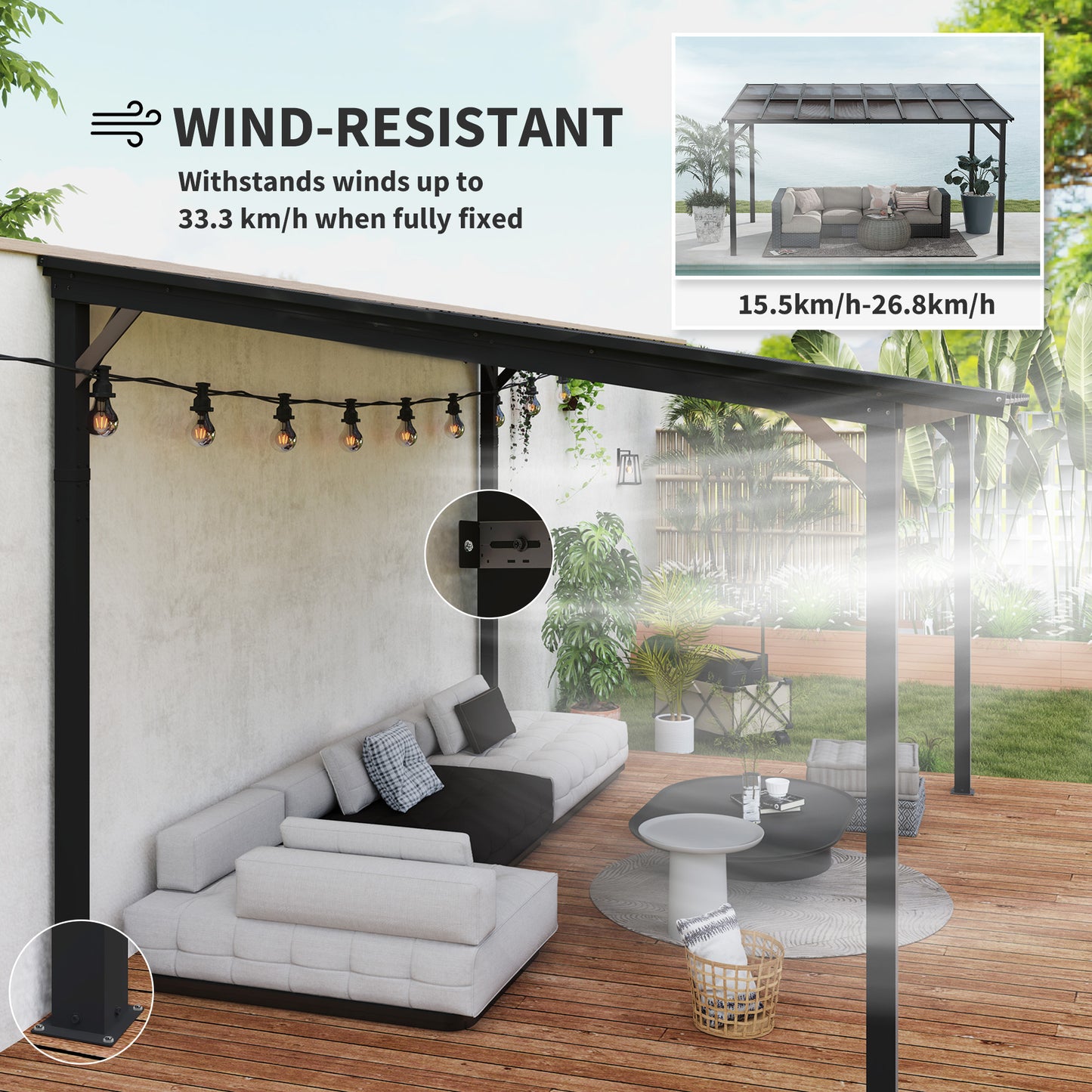 3 x 4.3m Metal Pergola with UPF 50+ and Waterproof Polycarbonate Roof, Wall-Mounted or Free Standing Garden Gazebo Outdoor Sun Shade