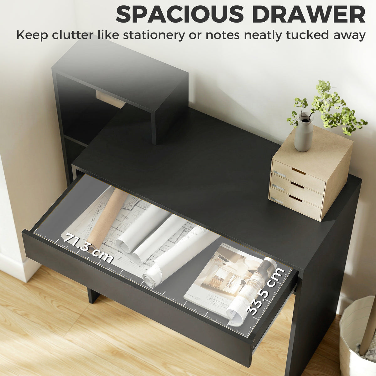Compact Computer Desk with Storage | Wide Drawer & 3 Open Side Shelves | Black Study Workstation with Melamine Finish | 100W × 40D × 90Hcm