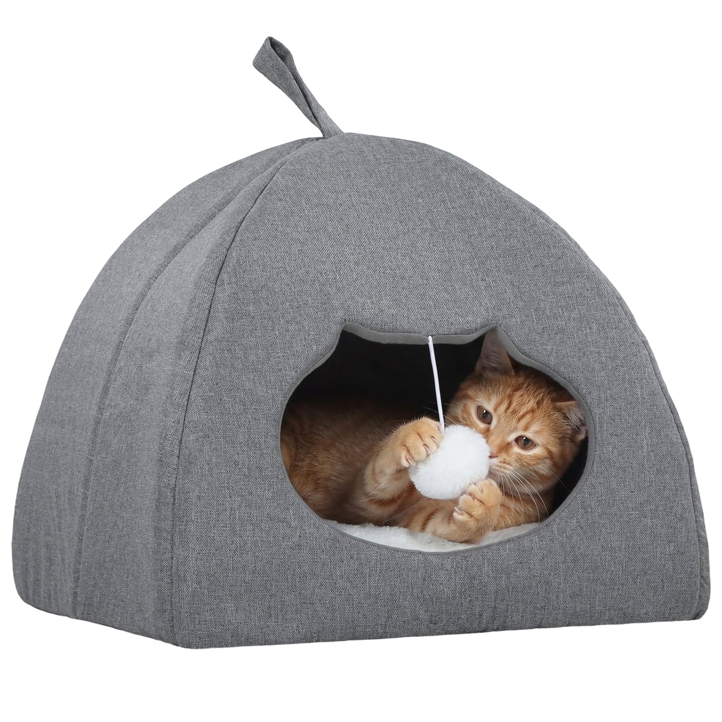 Cat Cave Bed & Cat House | Reversible All-Season Cushion | Teaser Ball | Cat-Shaped Entrance | Anti-Slip Base | 42x42x39cm | Suits Cats to 5kg | Grey